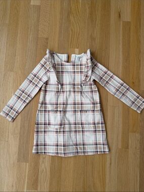 Janie and Jack Cream, Pink & Tan Plaid Ruffle Pocket Dress